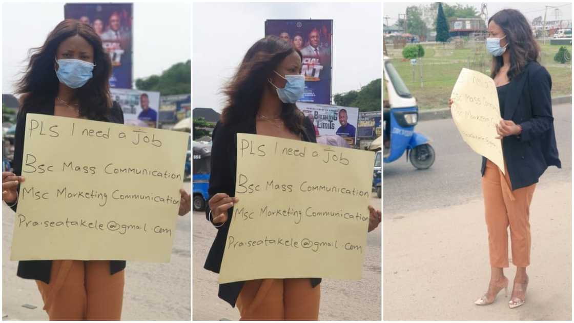Frustrated Nigerian lady with master's degree hits Warri street to beg for job with cardboard, photos go viral Frustrated Nigerian lady with master's degree hits Warri street to beg for job with cardboard, photos go viral
