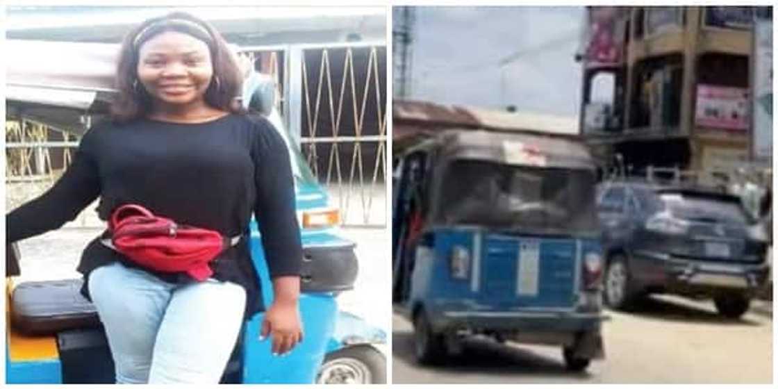 Amarachi Ihezie, a graduate of sociology from University of Calabar rides Keke in Delta state Amarachi Ihezie, a graduate of sociology from University of Calabar rides Keke in Delta state