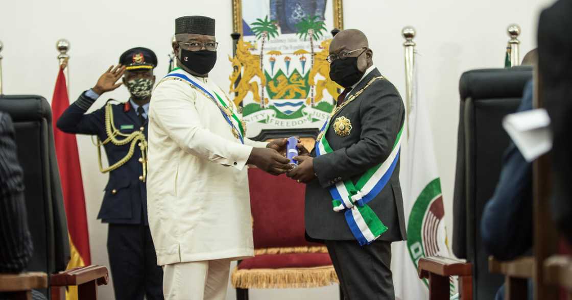 Sierra Leone’s President, Julius Maada Bio, confers on Akufo-Addo highest national award