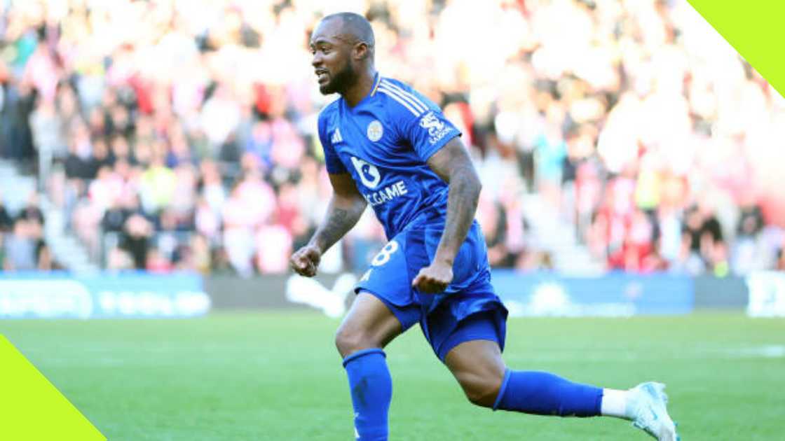 Jordan Ayew celebrates after scoring for Leicester.