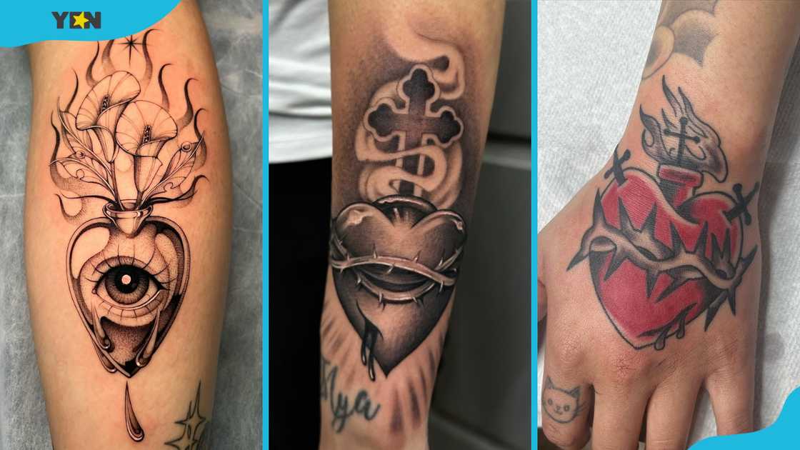 Eye sacred heart tattoo (L), cross sacred tattoo (M), and traditional hand tattoo (R) Eye sacred heart tattoo (L), cross sacred tattoo (M), and traditional hand tattoo (R)
