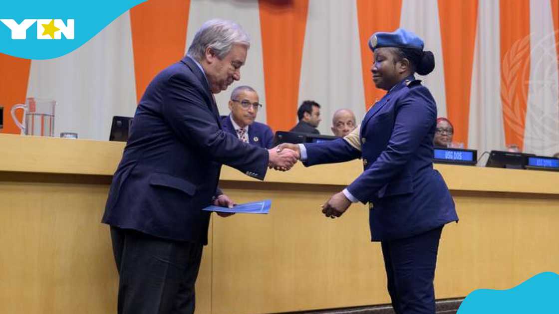 Secretary-General António Guterres, Sharon Mwinsote Syme, Ghanaian Peacekeeper, UN Military Gender Advocate Of The Year Secretary-General António Guterres, Sharon Mwinsote Syme, Ghanaian Peacekeeper, UN Military Gender Advocate Of The Year