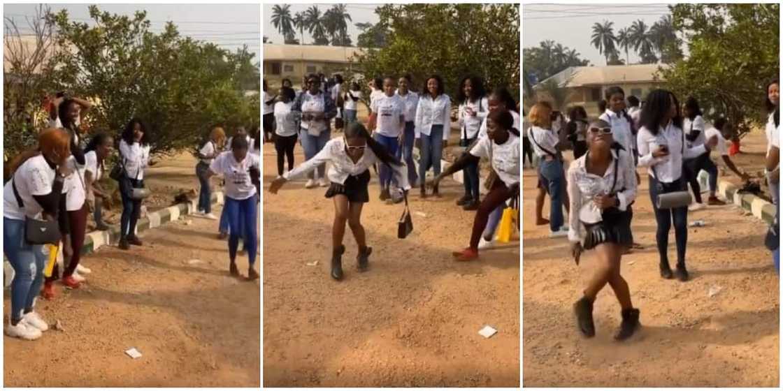 She dey give joy: Female graduate causes people to lose focus in school as she shows off great legwork in school, video sparks reactions She dey give joy: Female graduate causes people to lose focus in school as she shows off great legwork in school, video sparks reactions