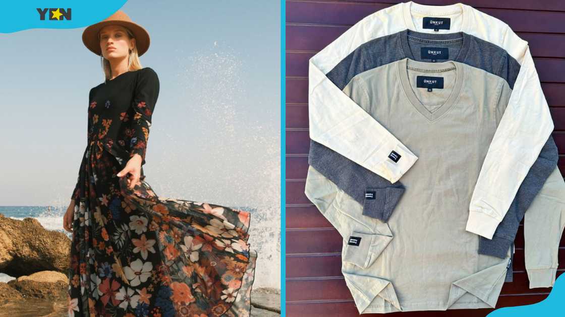 types of long sleeves; A woman in a long-sleeved dress (L). A display of long sleeve shirts (R) types of long sleeves; A woman in a long-sleeved dress (L). A display of long sleeve shirts (R)