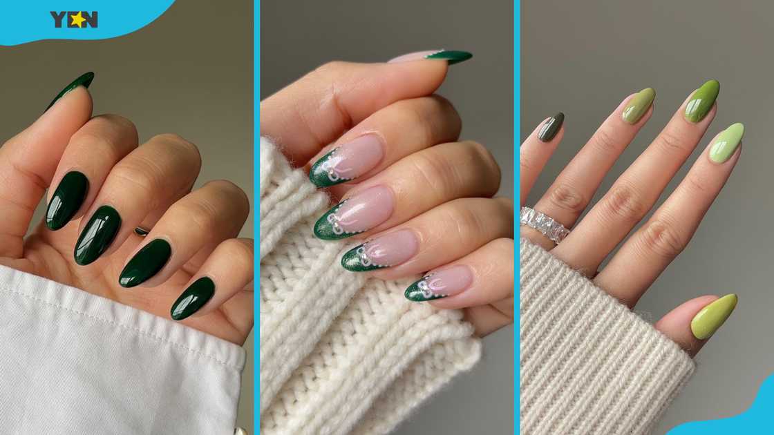 Green nail designs: glossy deep green (L), glittery French tips with floral accents (C), and chic gradient of green shades (R) Green nail designs: glossy deep green (L), glittery French tips with floral accents (C), and chic gradient of green shades (R)