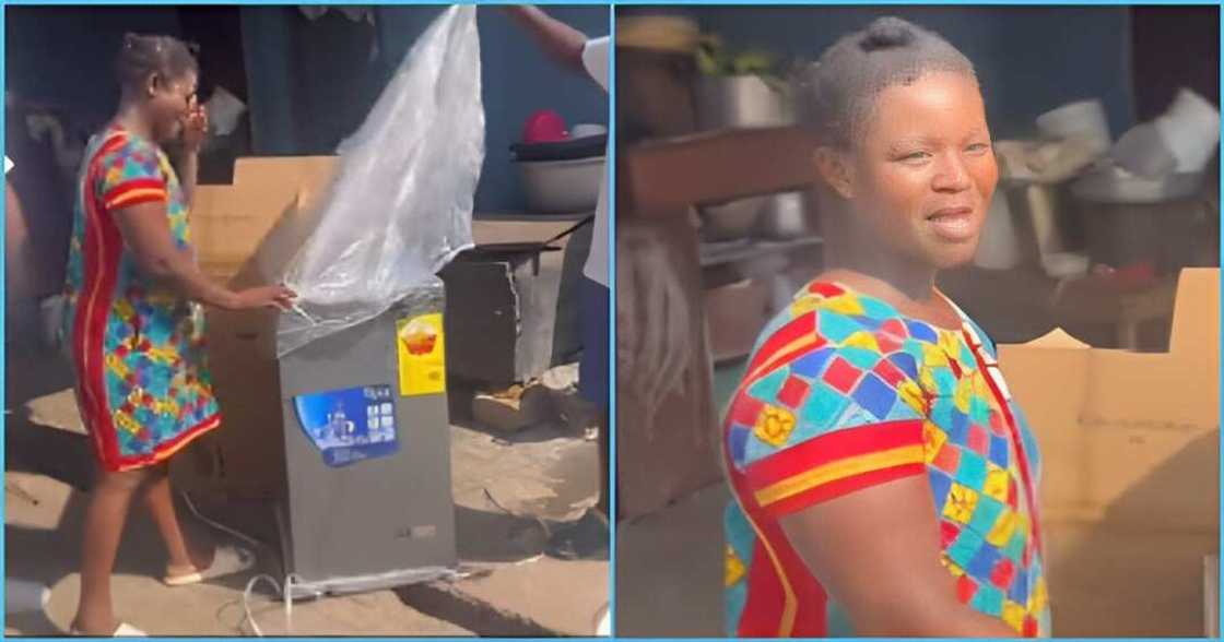 Ghanaian Ice-kenkey seller overwhelmed as stranger gifts her new fridge Ghanaian Ice-kenkey seller overwhelmed as stranger gifts her new fridge