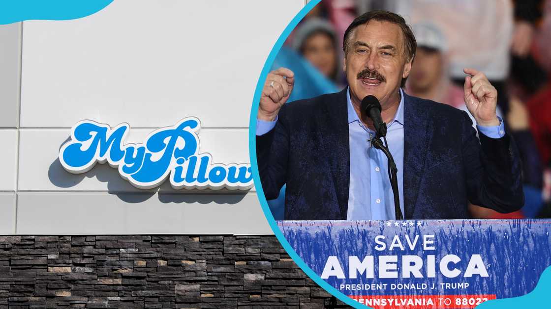 My Pillow bedding store logo (L). Michael Lindell speaks at President Donald Trump's 'Save America' rally (R)