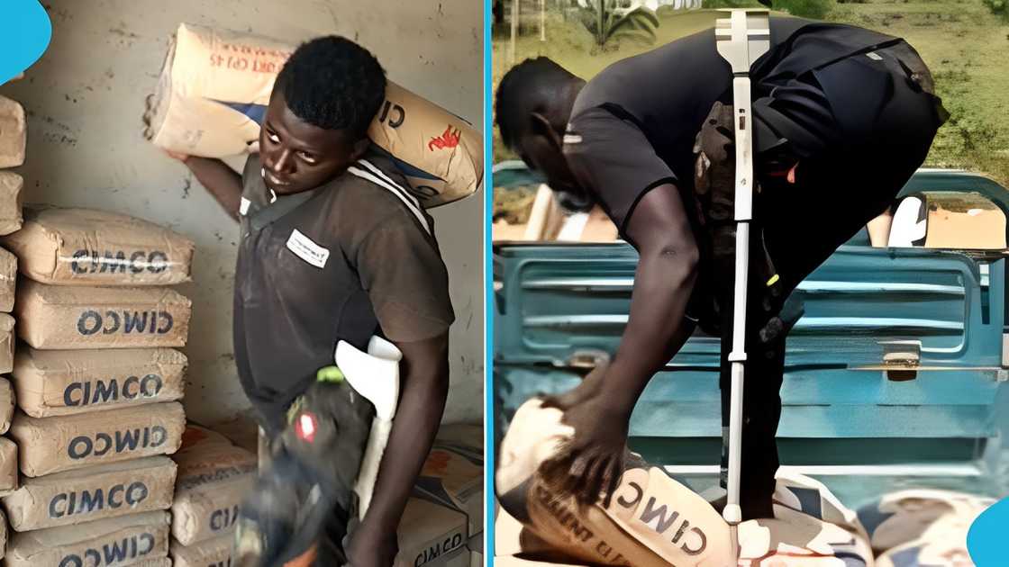 Physically challenged man, loading boy, cement bags, Ghanaian, shop