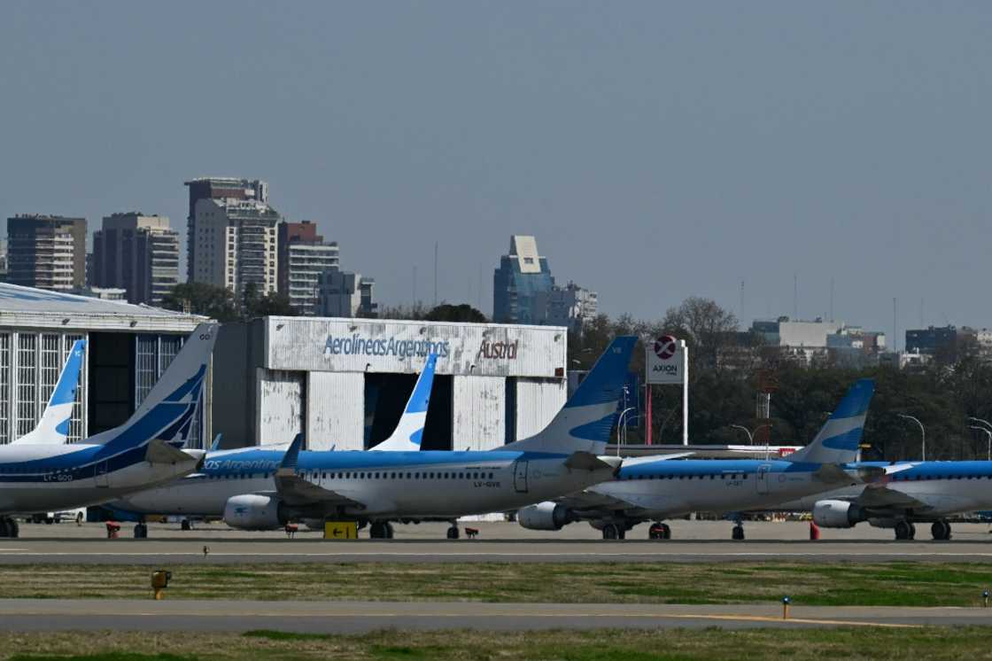 Aerolineas Argentinas airplanes are pictured on the tarmac