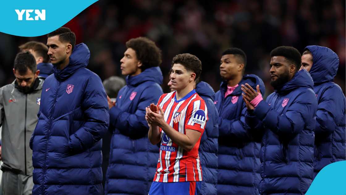 Julian Alvarez and his Atletico Madrid teammates applauded the fans after their defeat on penalty shootouts. Julian Alvarez and his Atletico Madrid teammates applauded the fans after their defeat on penalty shootouts.