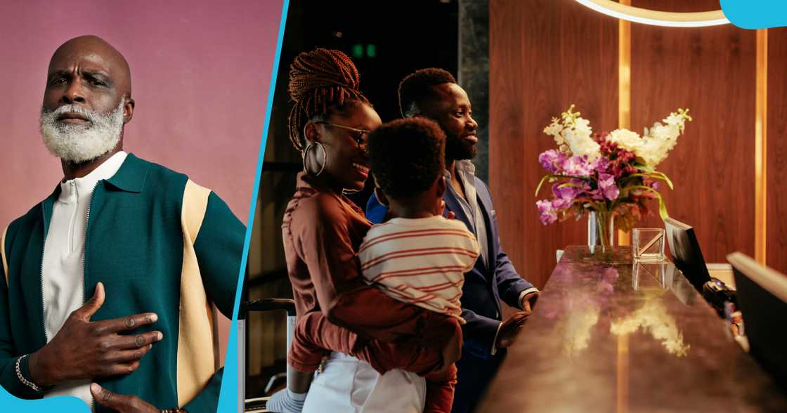 Photo of an elderly man and a family Photo of an elderly man and a family