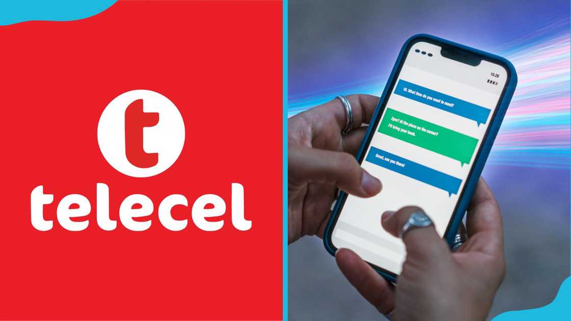 The Telecel Ghana logo (L). A person uses a smartphone to text (R).