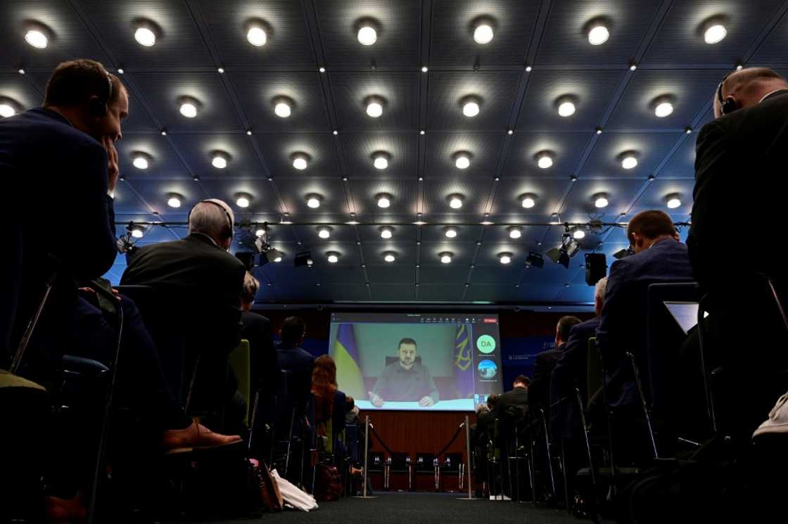 Ukrainian President Volodymyr Zelensky speaking during the German-Ukrainian business forum in Berlin, on October 24, 2023