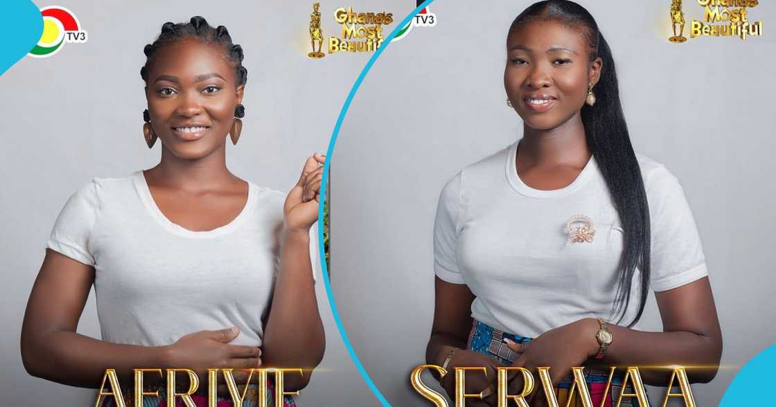 Ghana's Most Beautiful contestants, Afriyie and Serwaa, rock white round neck tops and African print skirts. Ghana's Most Beautiful contestants, Afriyie and Serwaa, rock white round neck tops and African print skirts.
