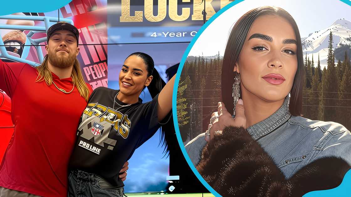 George Kittle and his wife, Claire, side hugging each other and Claire posing for a photo alone George Kittle and his wife, Claire, side hugging each other and Claire posing for a photo alone