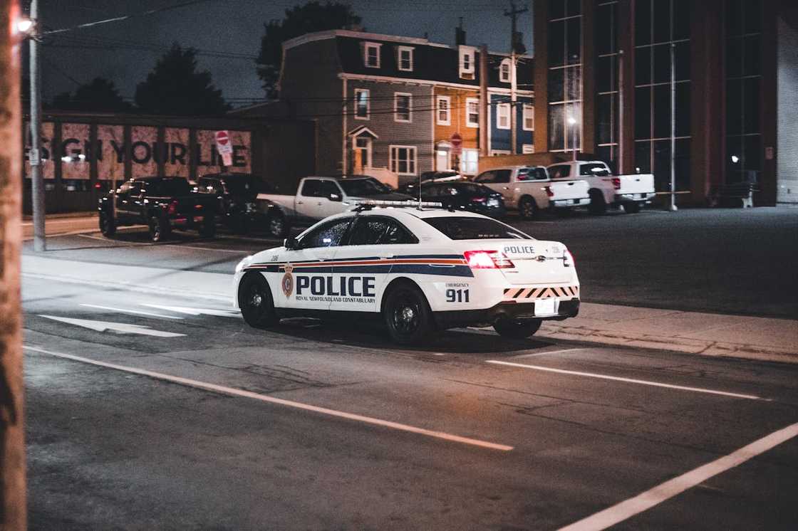 A police car on a city street at night with its lights on. A police car on a city street at night with its lights on.