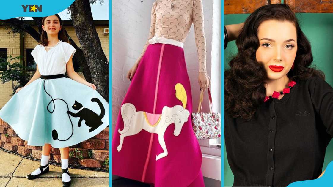 A young girl in a poodle skirt (L), a woman in a long poodle skirt (C) and a woman in a black cardigan (R) A young girl in a poodle skirt (L), a woman in a long poodle skirt (C) and a woman in a black cardigan (R)