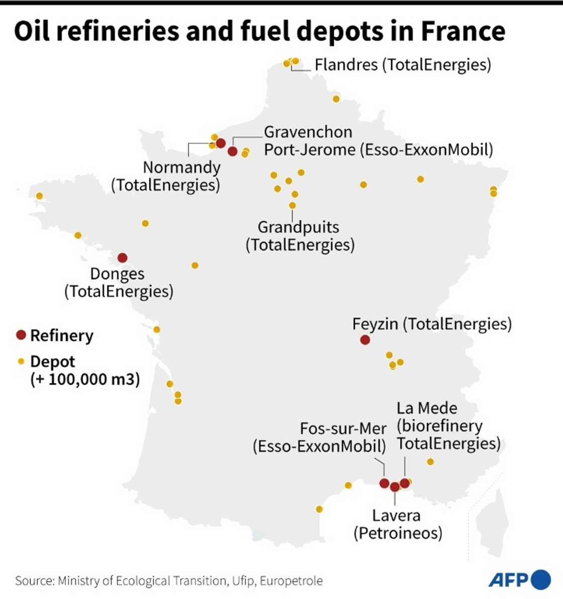 Oil refineries and main fuel depots in France Oil refineries and main fuel depots in France