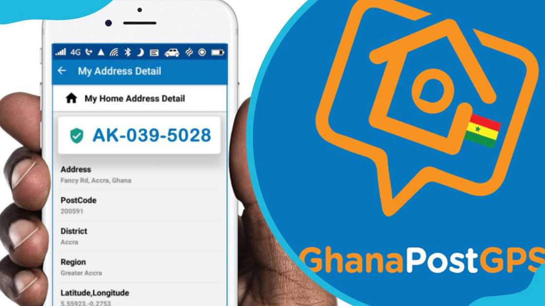 Ghana Post GPS logo and an example of an area code with address and location. Ghana Post GPS logo and an example of an area code with address and location.