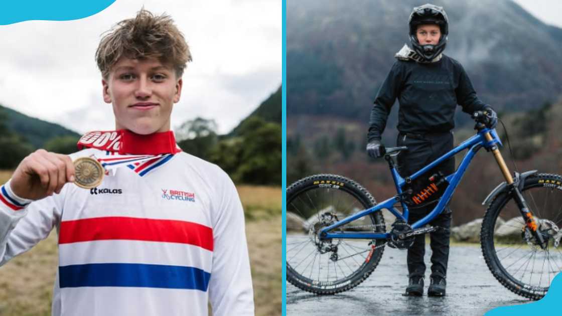 Felix Griffiths holding a medal and posing with his bike