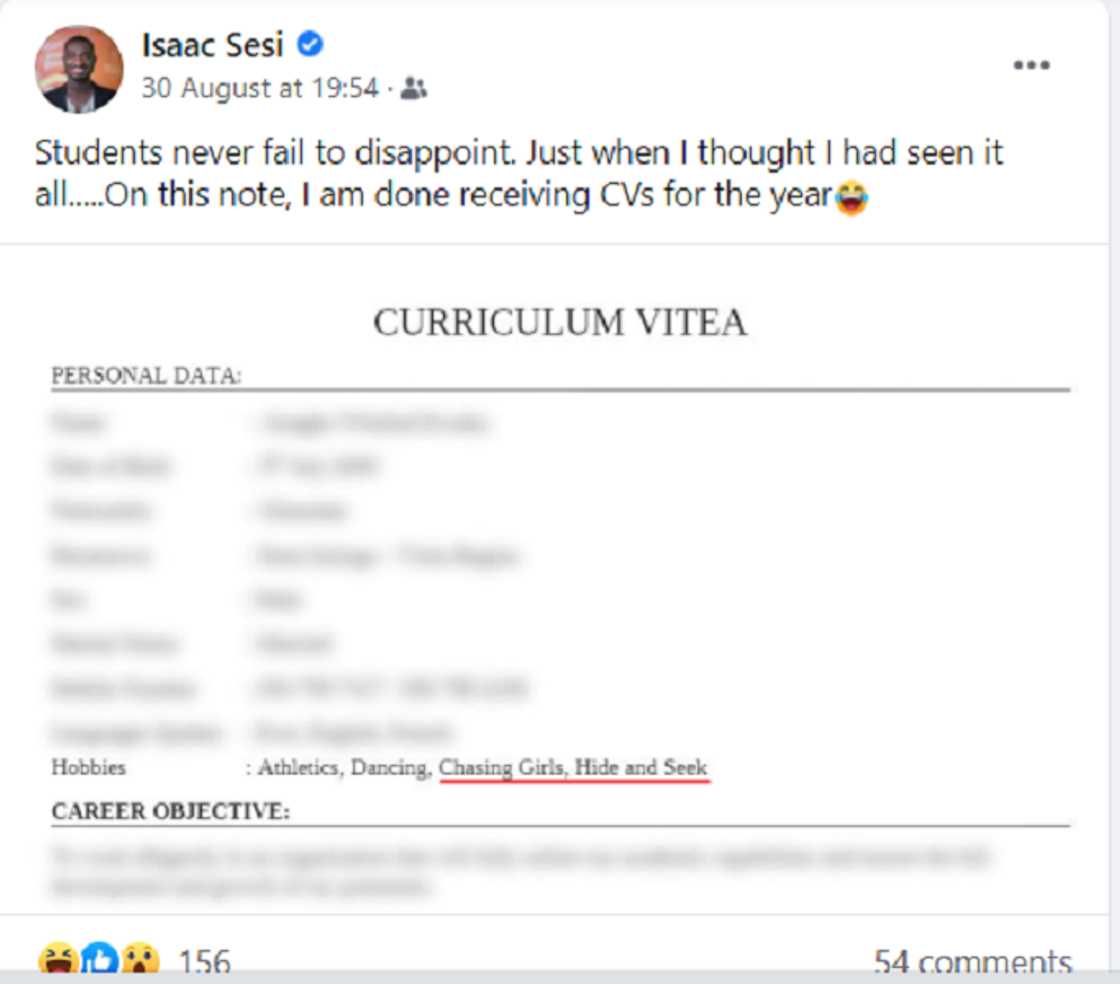 Chasing Girls is my Hobby - Job Applicant Writes His Favorite Activities on CV Chasing Girls is my Hobby - Job Applicant Writes His Favorite Activities on CV