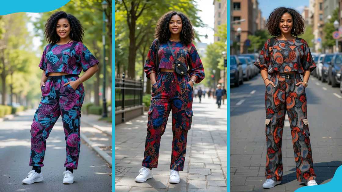 Teenagers wearing two-piece Ankara top and pants Teenagers wearing two-piece Ankara top and pants