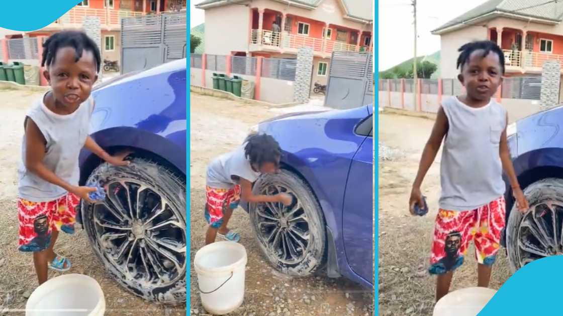 Don Little washing car tyre, Don Little, diminutive actors in Ghana, washing bay jobs in Accra, Don Little videos