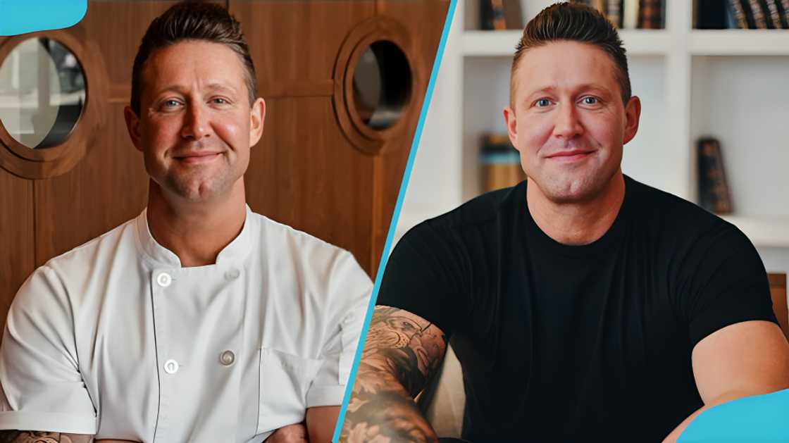 Alex Belew smiling in a chef's uniform and a black t-shirt Alex Belew smiling in a chef's uniform and a black t-shirt
