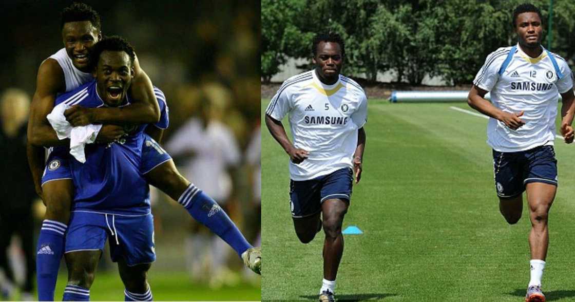 Mikel Obi and Michael Essien during their time at Chelsea. SOURCE: Twitter/ @ChelseaFC Mikel Obi and Michael Essien during their time at Chelsea. SOURCE: Twitter/ @ChelseaFC
