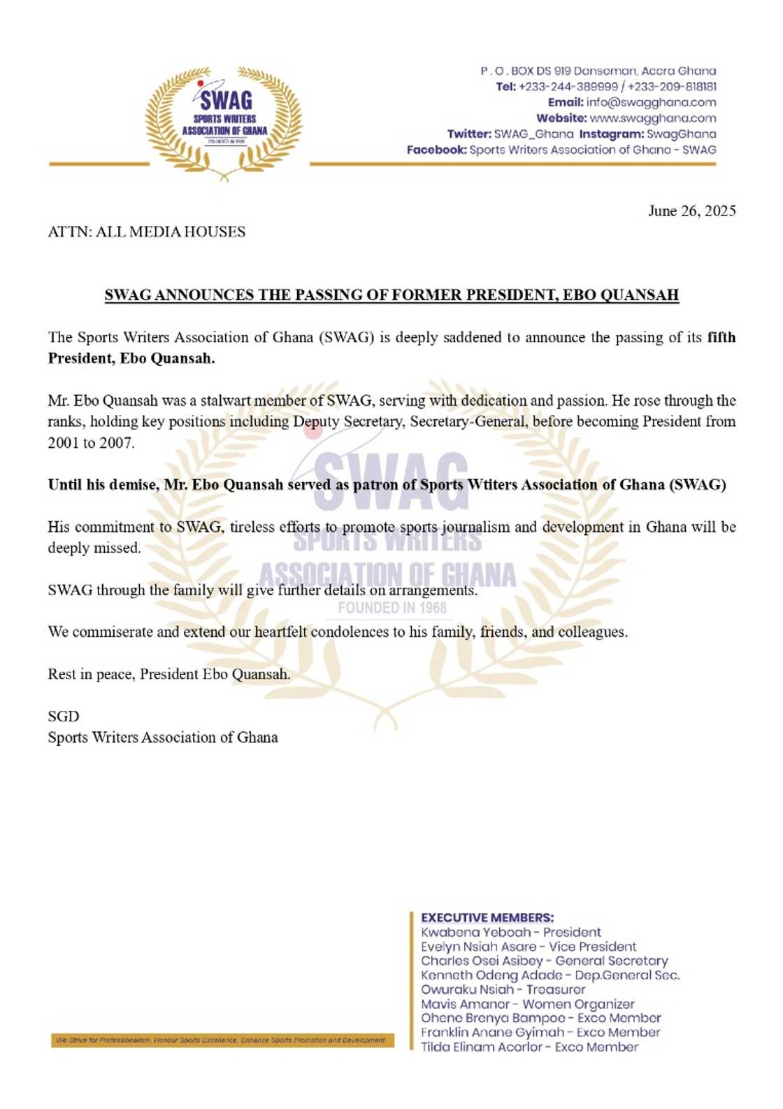 Ebo Quansah passes away, SWAG, Ackah Anthony passes away