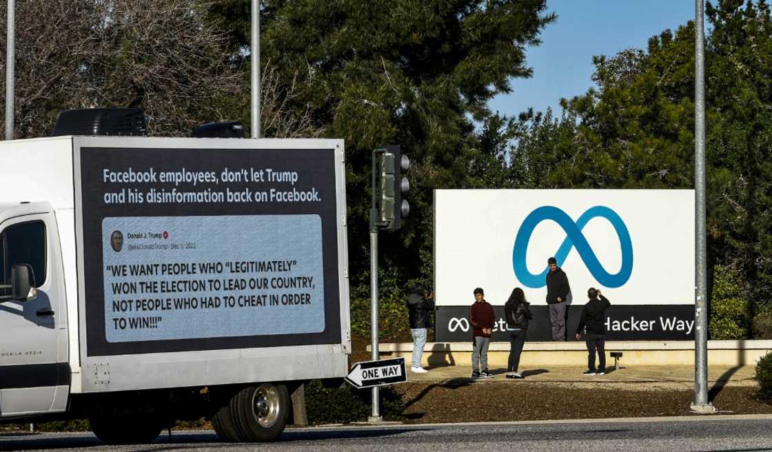 A mobile billboard, deployed by activist group Accountable Tech, is seen outside the Meta headquarter on January 17, 2023 in Menlo Park, California A mobile billboard, deployed by activist group Accountable Tech, is seen outside the Meta headquarter on January 17, 2023 in Menlo Park, California