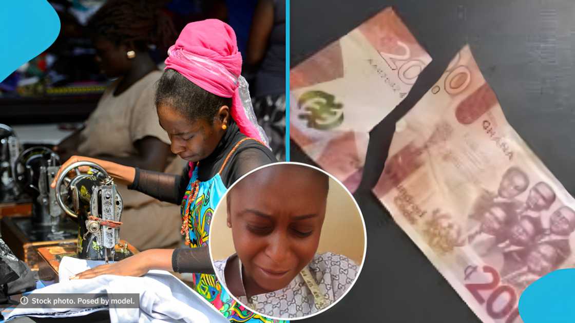 GH¢200 note, Ghanaian seamstress, social media reactions, apprentice misfortune, community support, daily expenses, emotional setback, fabric trimming incident, small mistakes big consequences, Bank of Ghana cedi weakness