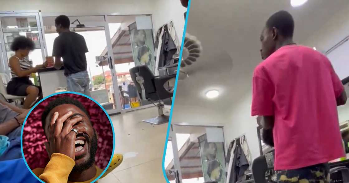 Lady and young man's intense confrontation in barbershop. Lady and young man's intense confrontation in barbershop.