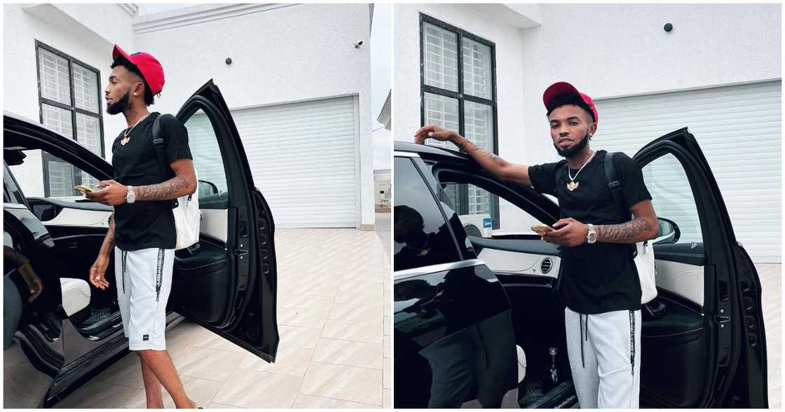 Davido Gh poses by his car in front of his house