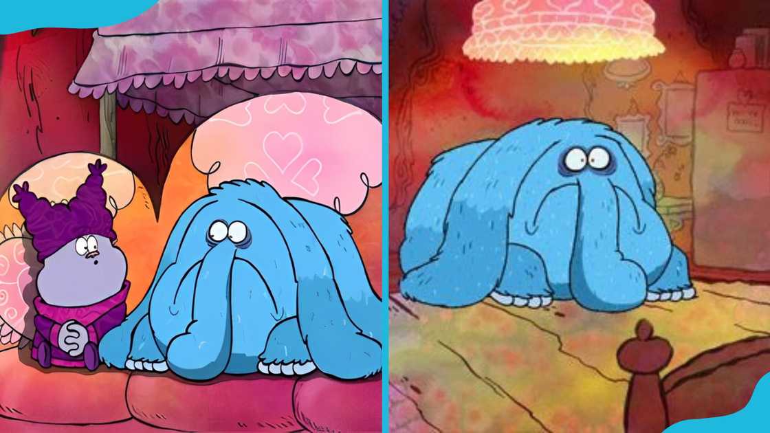 Cinnamini Monster from "Chowder," sitting on a couch next to Chowder (L), and standing in a room (R).