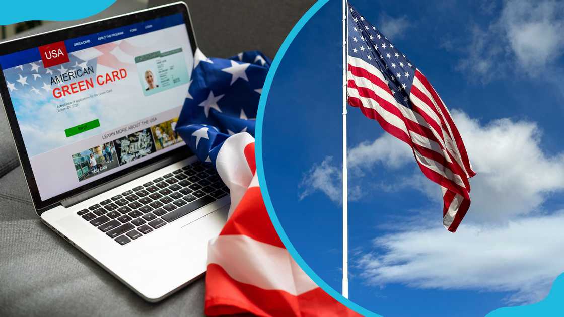 Green card in a search engine on the computer and the American flag against the blue sky Green card in a search engine on the computer and the American flag against the blue sky