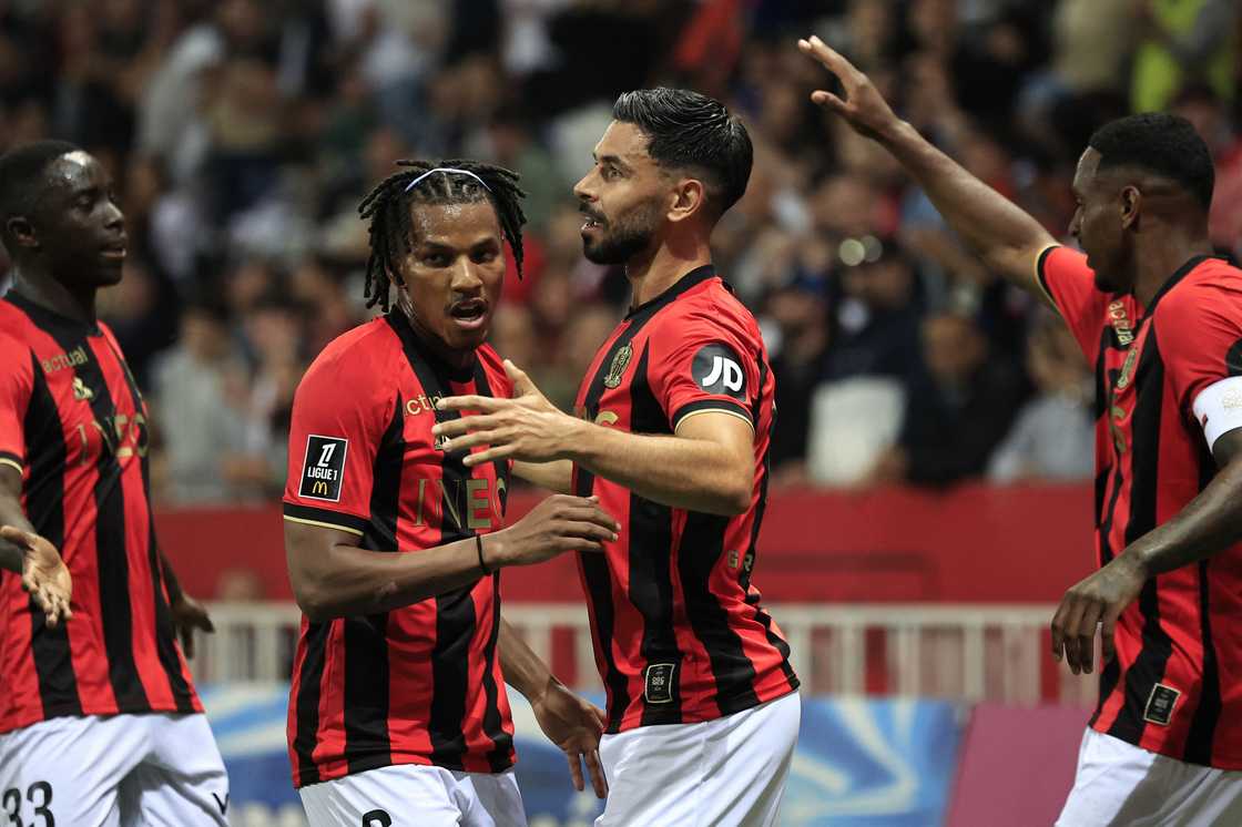 Nice's French midfielder Morgan Sanson (CR) celebrates with teammates after scoring Nice's first goal during the French L1 football match between OGC Nice and Stade de Reims at the Allianz Riviera Stadium in Nice, south-eastern France, on May 2, 2025 Nice's French midfielder Morgan Sanson (CR) celebrates with teammates after scoring Nice's first goal during the French L1 football match between OGC Nice and Stade de Reims at the Allianz Riviera Stadium in Nice, south-eastern France, on May 2, 2025