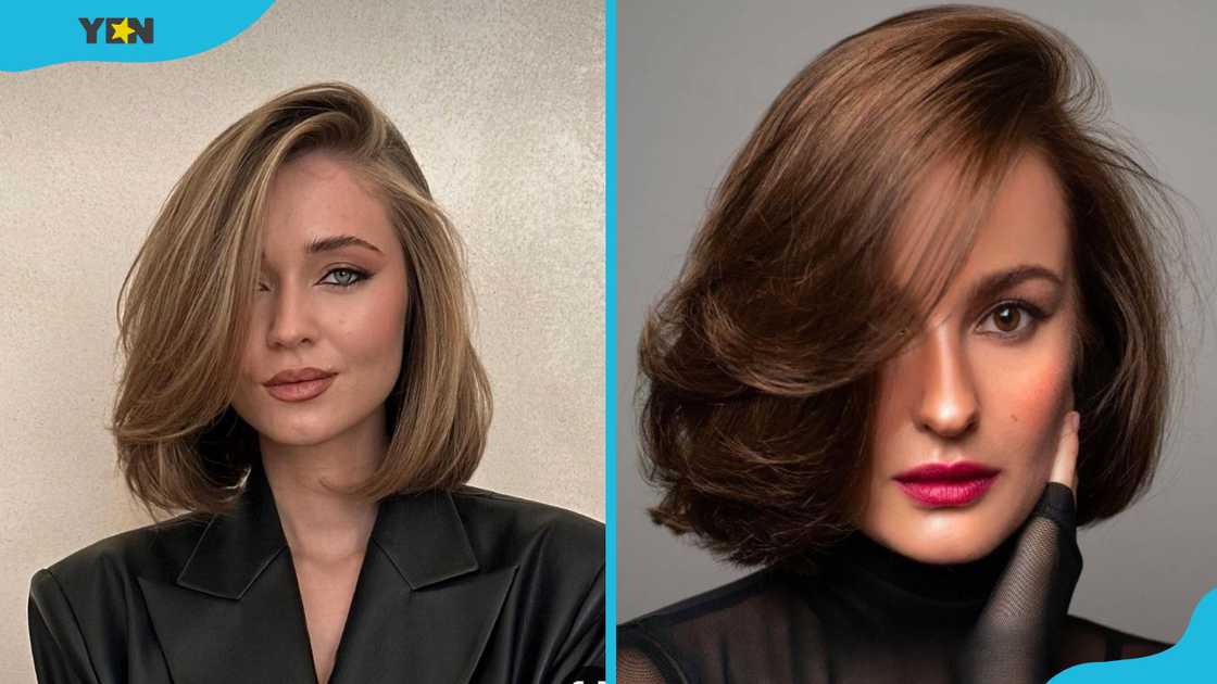 Light brown assymetrical haircut with blonde highlights (L). Warm-toned assymetrical butterfly cut (R) Light brown assymetrical haircut with blonde highlights (L). Warm-toned assymetrical butterfly cut (R)