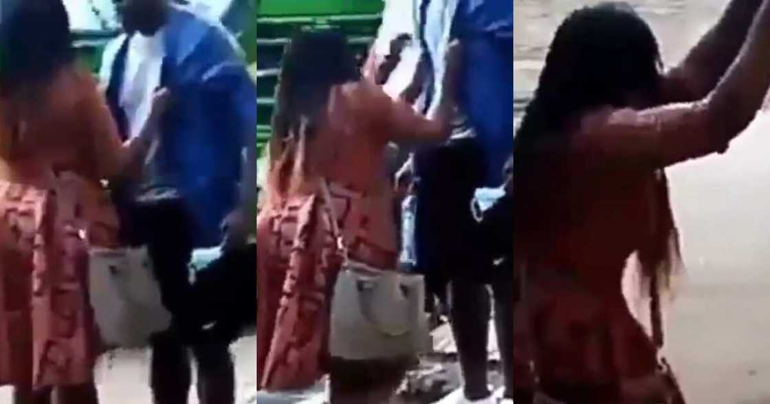 "Don't leave me, don't leave me" - Lady begs lover on knees in trotro station not to dump her