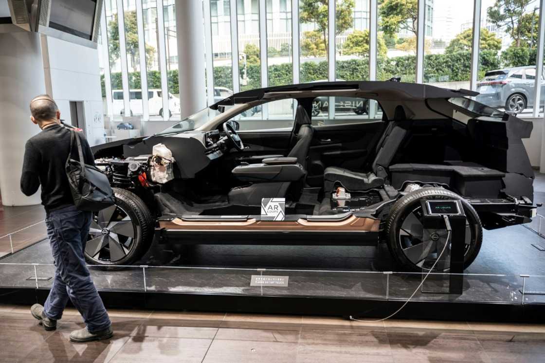 A cutaway display model of one of Nissan's electric vehicles seen at the global headquarters of Japanese automaker Nissan Motor in Yokohama
