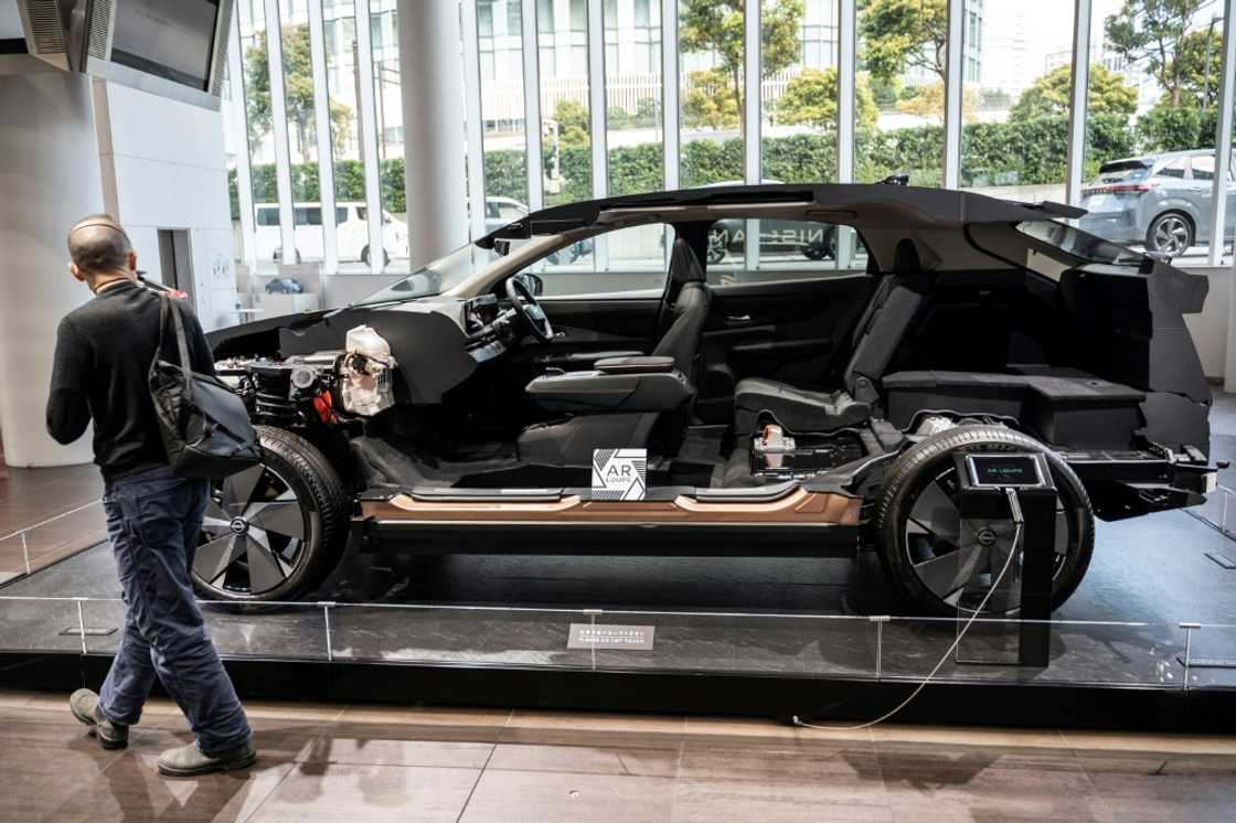 A cutaway display model of one of Nissan's electric vehicles seen at the global headquarters of Japanese automaker Nissan Motor in Yokohama A cutaway display model of one of Nissan's electric vehicles seen at the global headquarters of Japanese automaker Nissan Motor in Yokohama