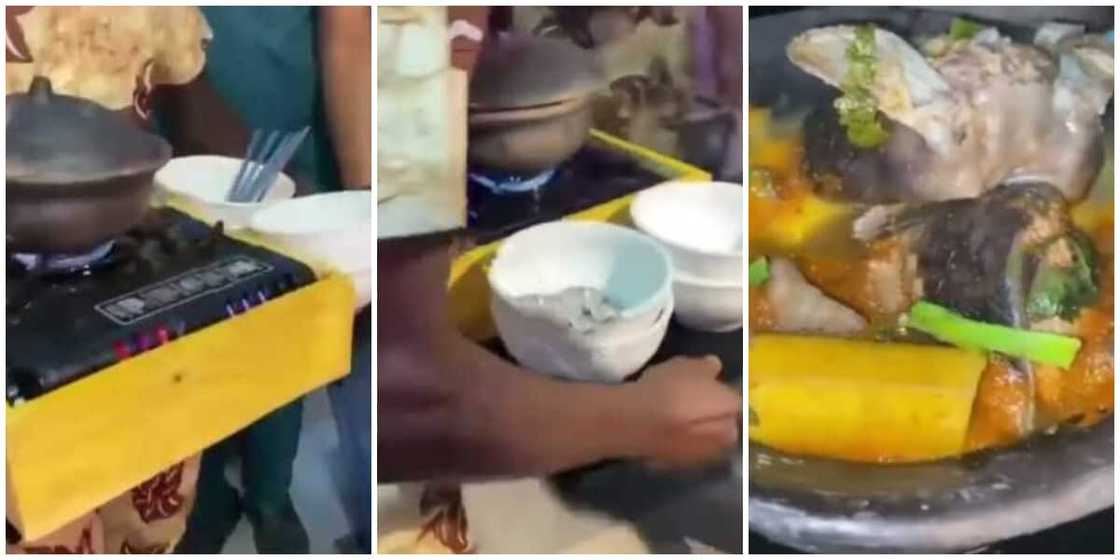 Nigerians react to video of guests being served food from hot stove and calabash at an occasion