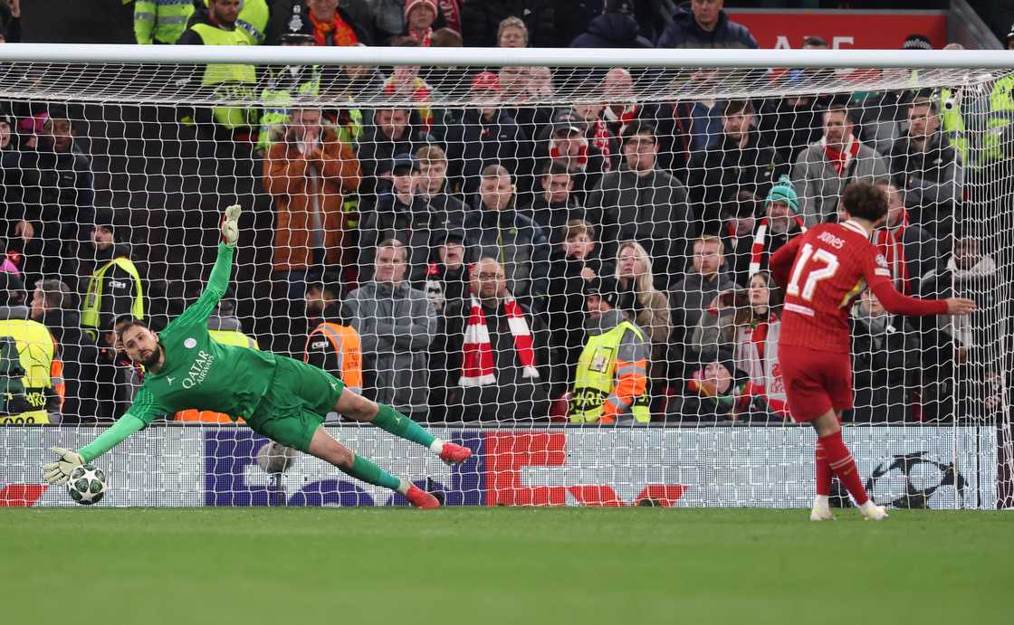 Gianluigi Donnarumma of PSG saves a penalty from Curtis Jones of Liverpool during the shootout in the UEFA Champions League 2024/25 Round of 16 Second Leg match vs Liverpool FC at Anfield on March 11, 2025 in Liverpool, England Gianluigi Donnarumma of PSG saves a penalty from Curtis Jones of Liverpool during the shootout in the UEFA Champions League 2024/25 Round of 16 Second Leg match vs Liverpool FC at Anfield on March 11, 2025 in Liverpool, England