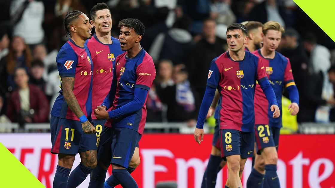 Barcelona players celebrated with zest after notching one of their four goals against Real Madrid in El Clasico. Barcelona players celebrated with zest after notching one of their four goals against Real Madrid in El Clasico.
