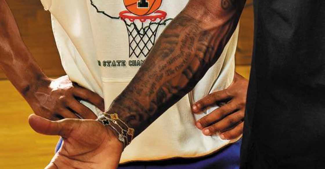 LeBron James script tattoo is placed on his inner right arm LeBron James script tattoo is placed on his inner right arm