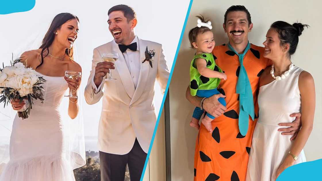 Emma and Andrew Schulz's wedding photo and them taking a picture with their daughter Emma and Andrew Schulz's wedding photo and them taking a picture with their daughter