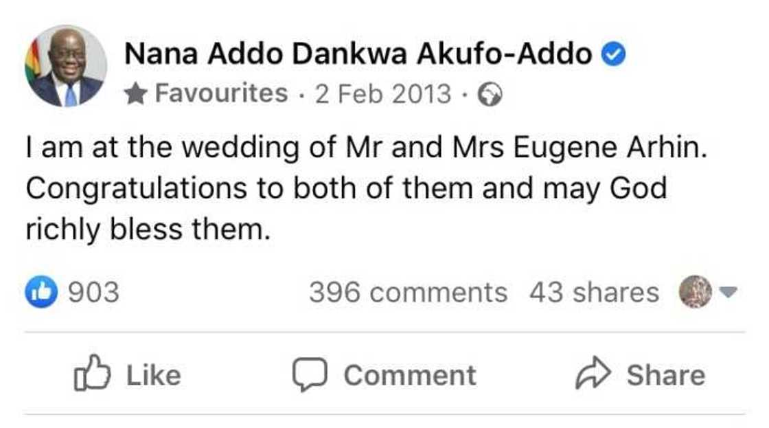 Message Akufo-Addo sent to Eugene Arhin and wife on their wedding day pops up