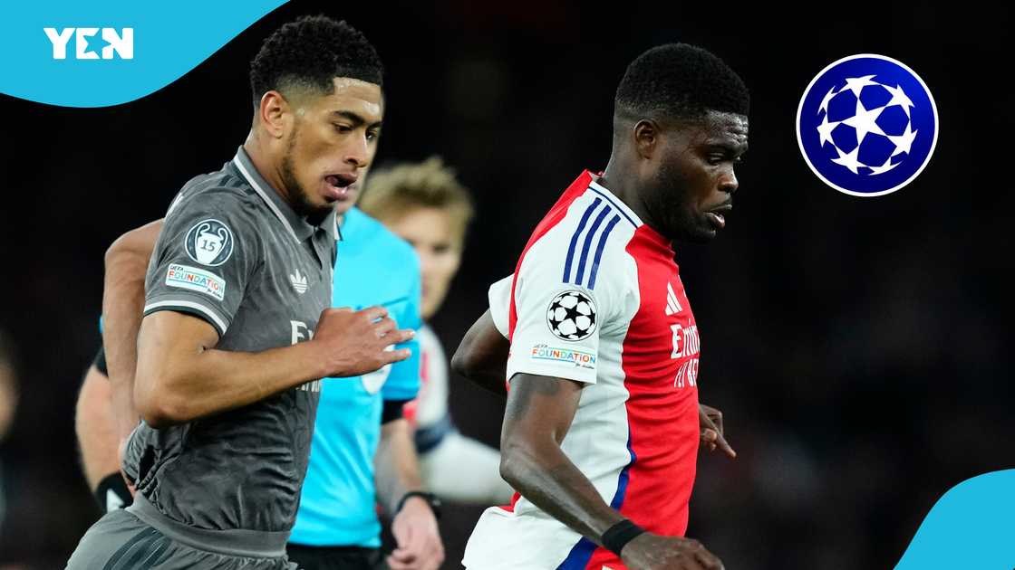 Jude Bellingham of Real Madrid and Thomas Partey of Arsenal battle for the ball in the Arsenal vs Real Madrid UEFA CL quarter-finals 1st leg on April 8, 2025 Jude Bellingham of Real Madrid and Thomas Partey of Arsenal battle for the ball in the Arsenal vs Real Madrid UEFA CL quarter-finals 1st leg on April 8, 2025