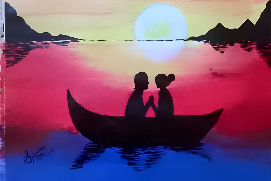 The couple holds hands sitting in a boat against a serene sunset The couple holds hands sitting in a boat against a serene sunset