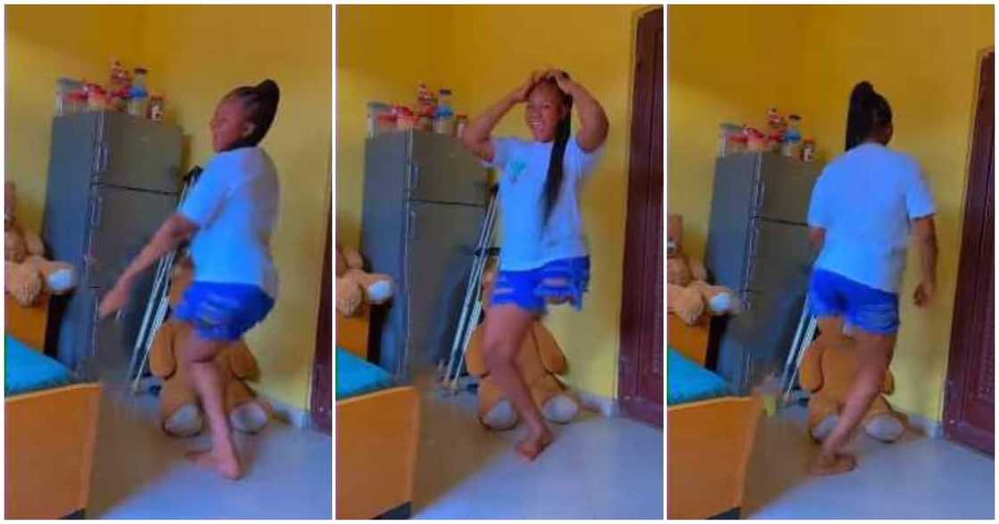 Lady with one leg, crutches, shakes waist, dance Lady with one leg, crutches, shakes waist, dance